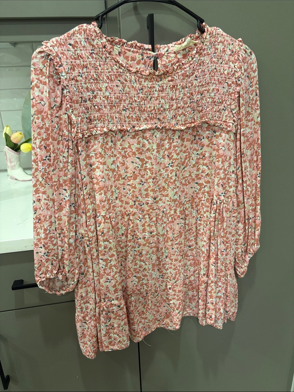 easel Coral Pink Floral Smocked Yoke Long-Sleeve Tunic